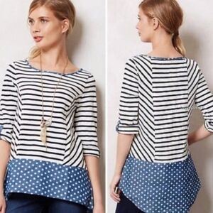 Anthro Postmark Fairley hi lo top stripes Chambray Women's Small White Blue